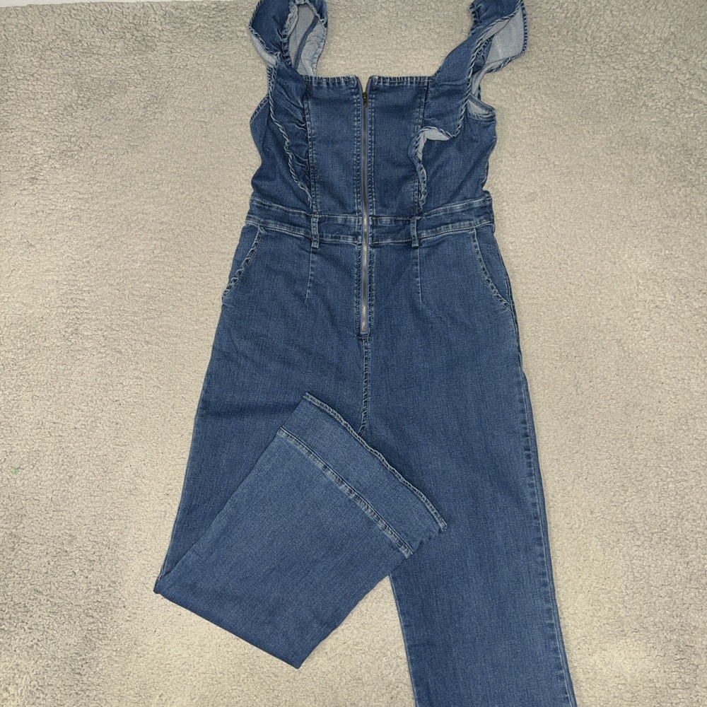 Mebon Jean Jumpsuit Women's Size L Blue Denim Sleeveless Ruffle Front Full Zip